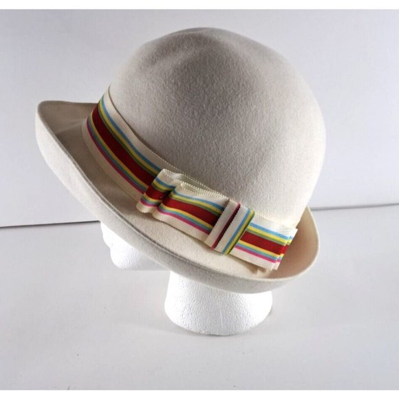 Women's Vintage Adolfo Realites Hat Bowler White Felt Striped Rainbow Brim Bow S - Picture 1 of 10